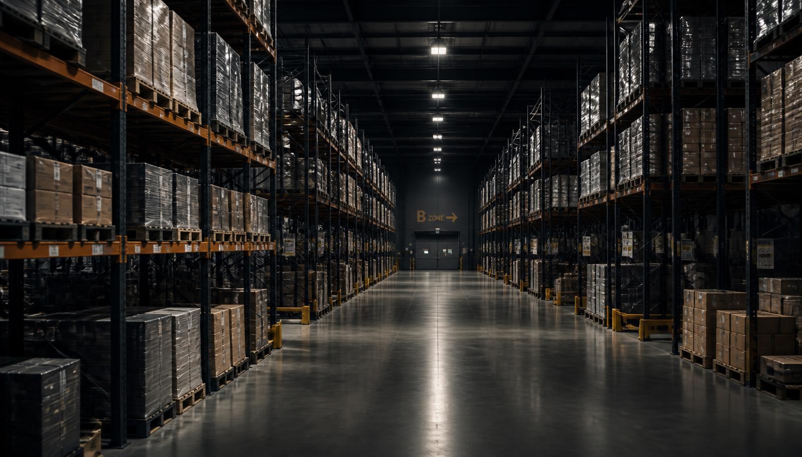 Industrial distribution warehouse aisle with steel racking